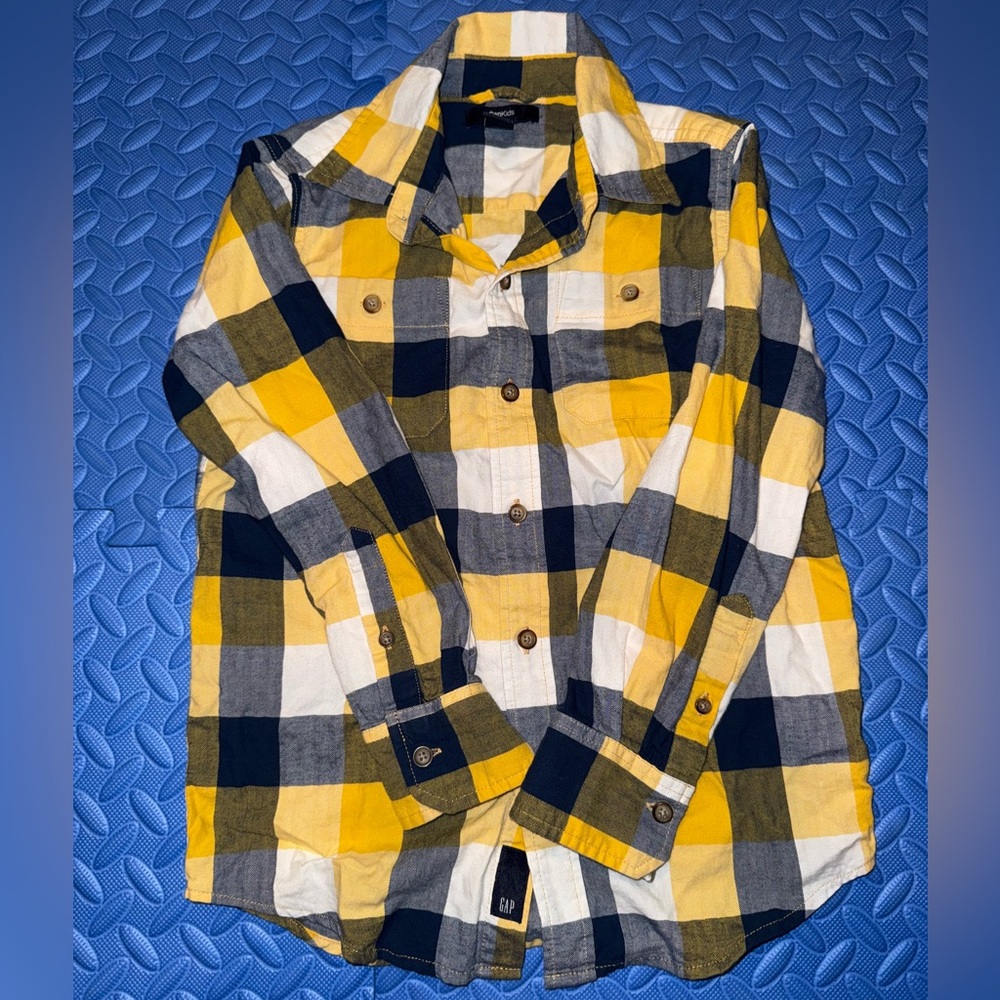 GAP Kids Checkered Yellow and Navy Button Down Shirt
